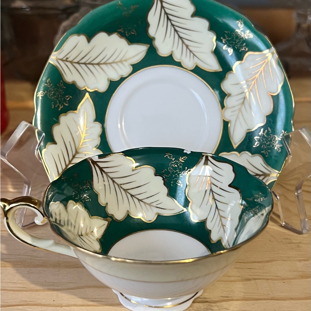 Vintage Ucagco Hand Painted Teacup and Saucer    Green Leaf